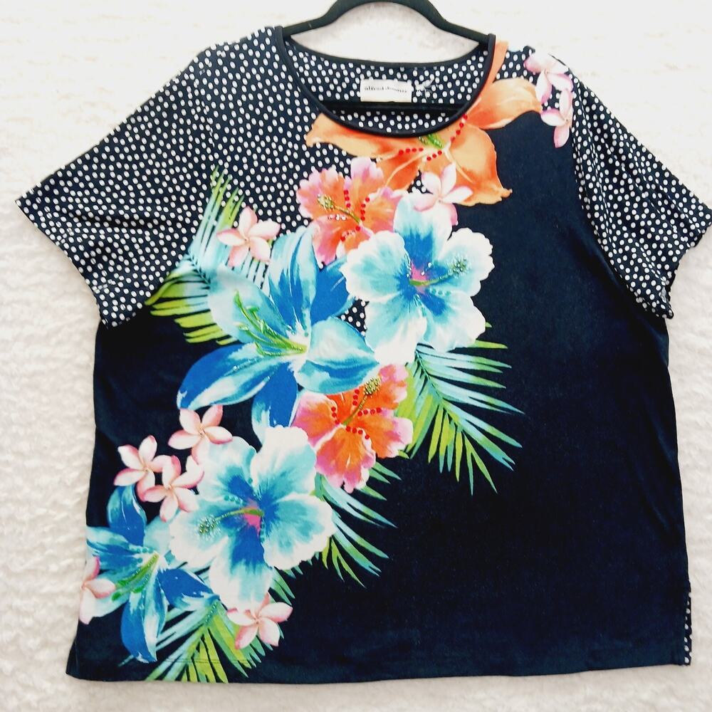 T-Shirt Black Polka Dot Floral Hibiscus Lily Sequins Beads Whimsycore Size XL